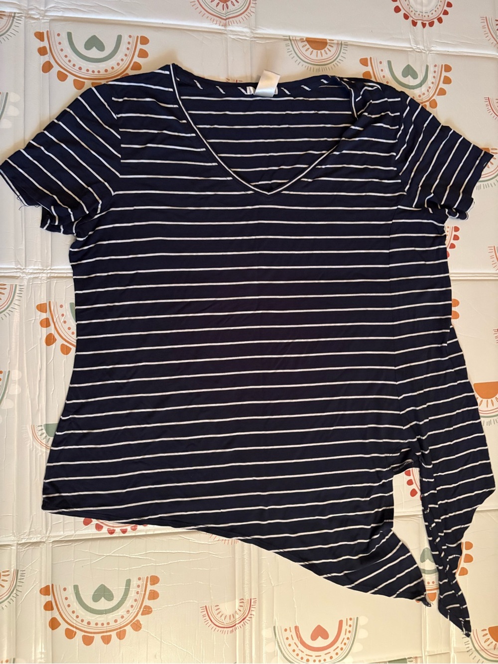 Women's Navy and White Striped V-Neck Short Sleeve Top